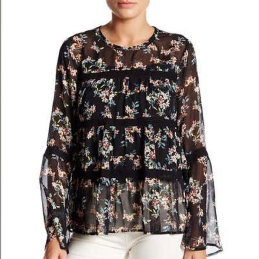 LIKE NEW Black Floral Bell Sleeve Blouse